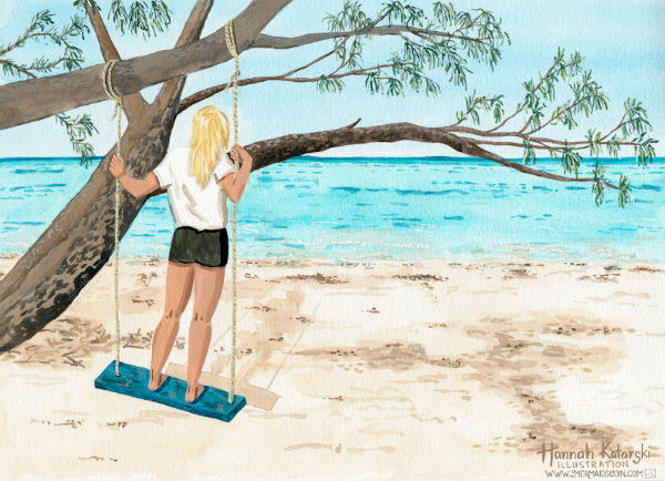 Editorial artwork - teen girl standing on swing, staring out to sea.