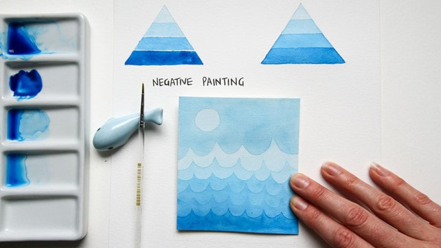 negative painting with blue watercolors