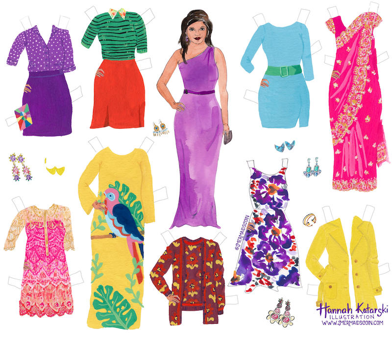 Mindy Kaling paper doll illustration in gouache