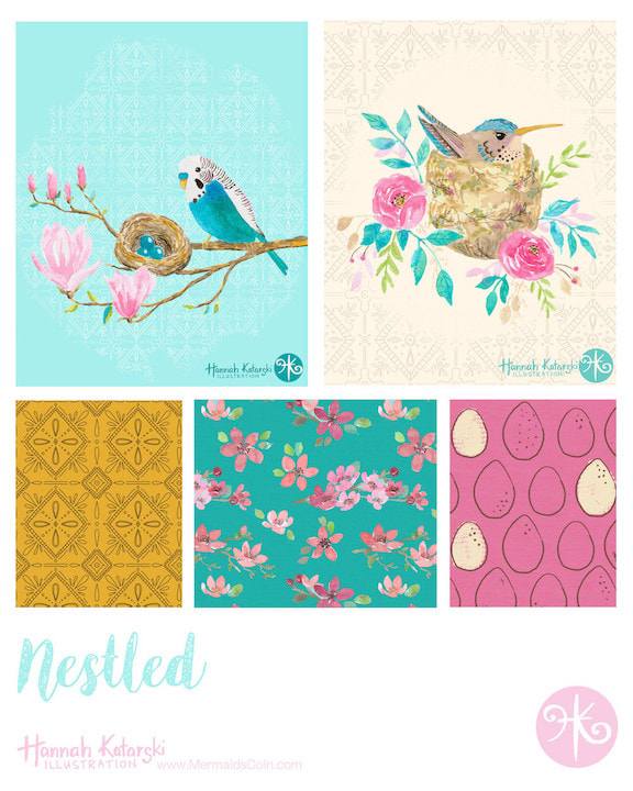 Spring flowers and birds art licensing pattern collection