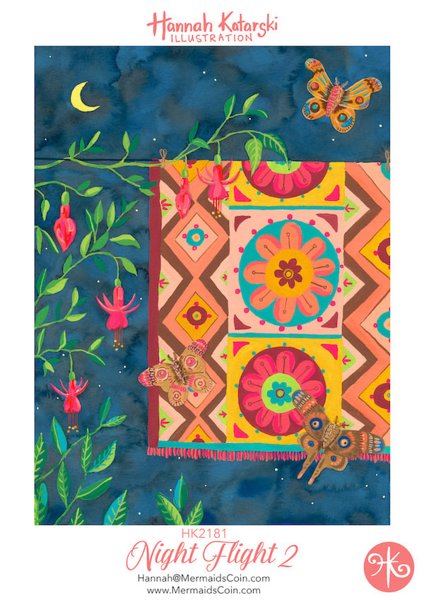 watercolour and gouache wall art - fuchsia, moths and decorative rug