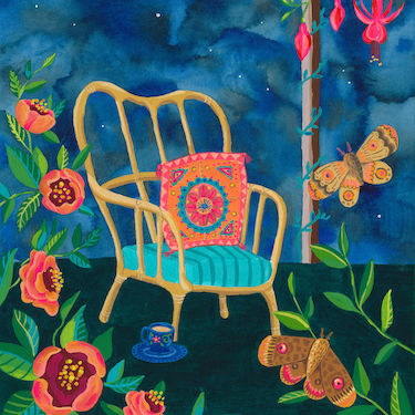 Gouache illustration night garden with moths and chair with embroidered cushion