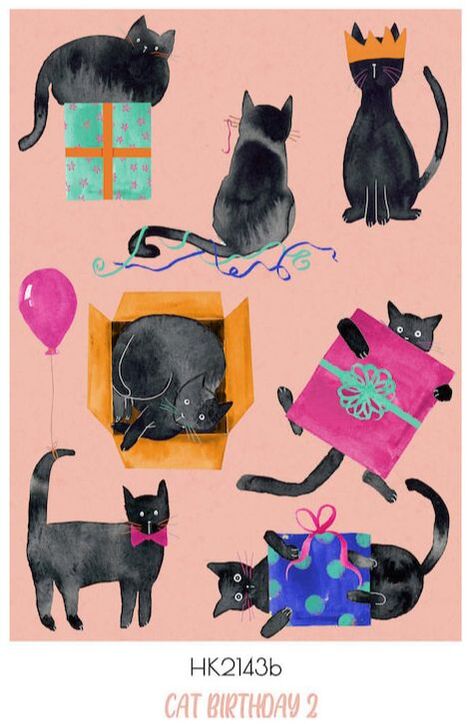 cheeky birthday cats painted in ink and gouache greeting card surface design