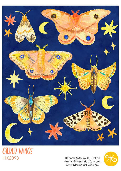 watercolour artwork of yellow moths and constellations