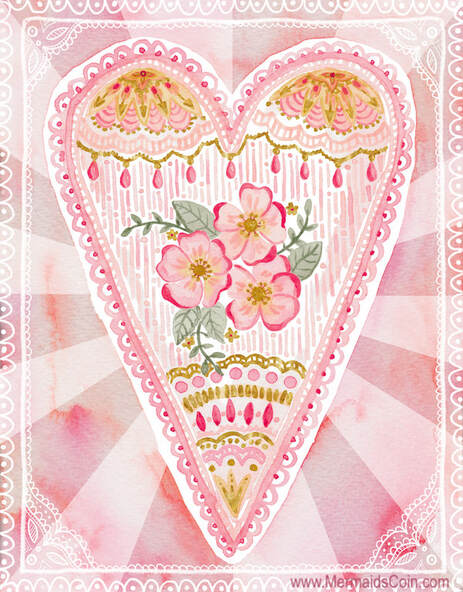 Valentines Day greeting card design featuring pink watercolour heart and florals