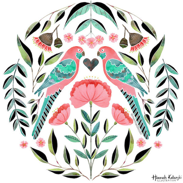 symmetrical design featuring watercolour rosellas and foliage
