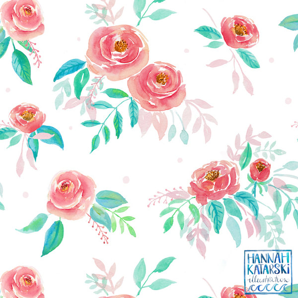 Pink, aqua and green floral watercolour repeat pattern