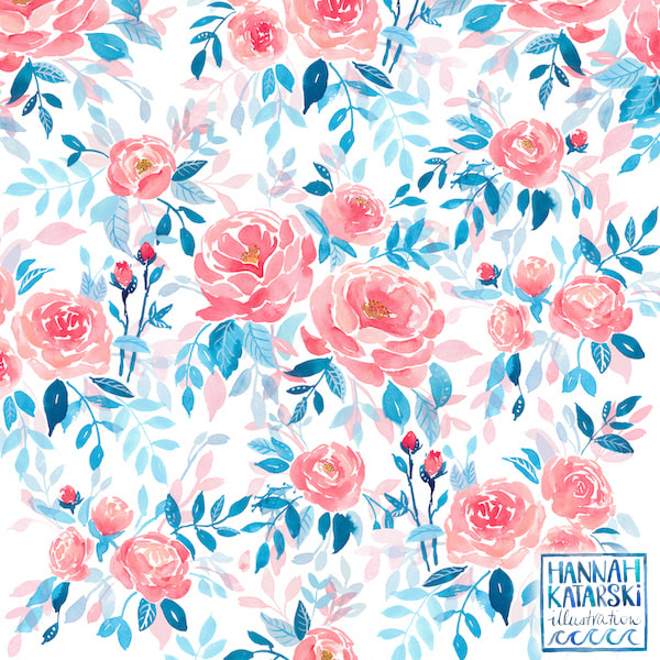 Watercolour roses repeat pattern in pink and turquoise