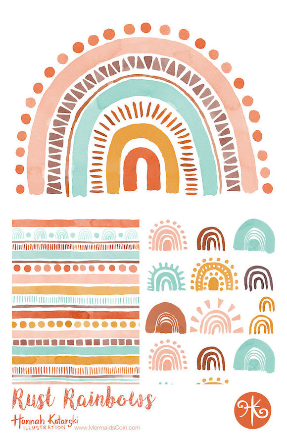 Boho Rainbow watercolour illustration and pattern collection in on-trend colours