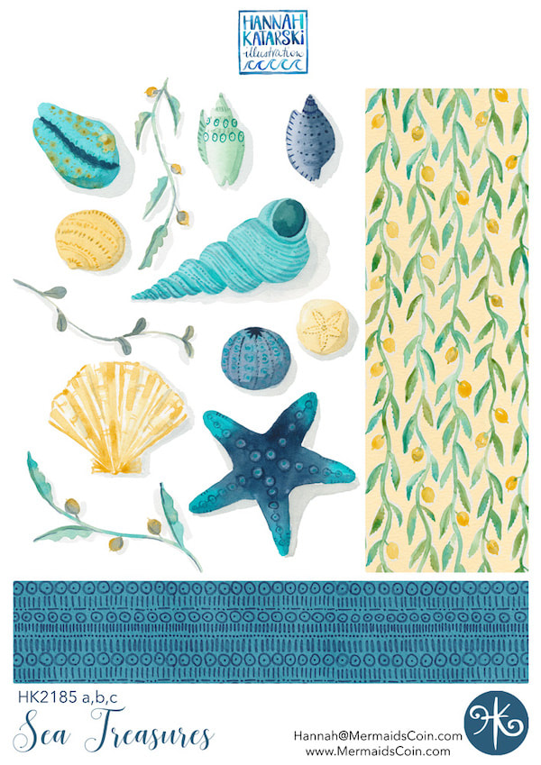watercolour painted seashells and repeat patterns  for wall art and home decor art licensing