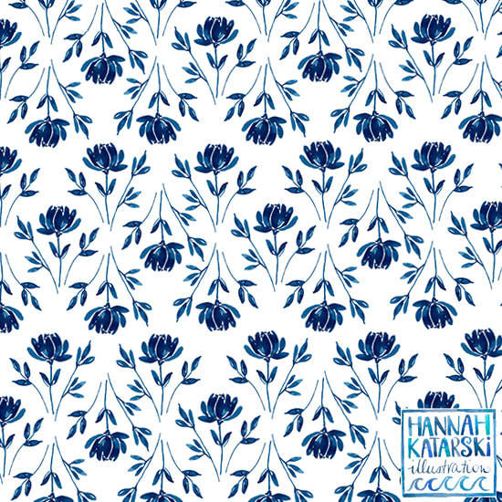 indigo inspired watercolour floral repeat pattern