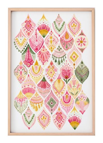 Intricate watercolour illustration in pink green and yellow