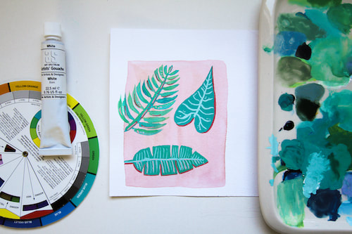 pink and green foliage painted with gouache