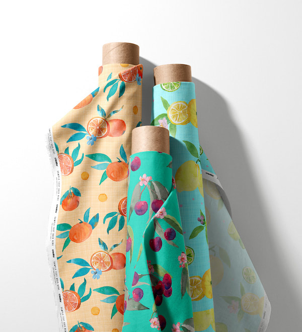 Summer fruits pattern design collection mockup on fabric rolls