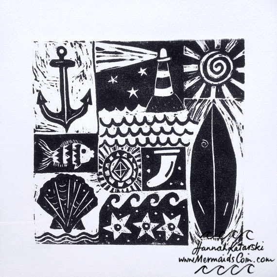 Nautical linocut of shell surfboard anchor and lighthouse