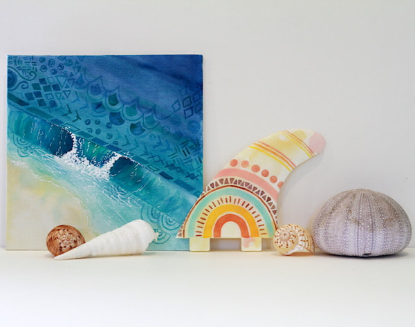 wave illustration, painted surfboard fin and shells