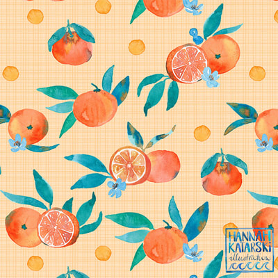 Summer Oranges watercolour repeat pattern for licensing