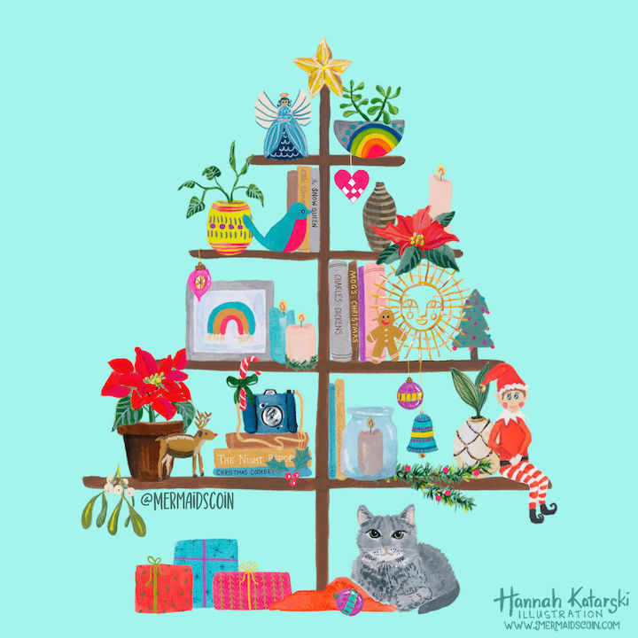 Greeting card illustration featuring a tree shaped shelf filled with Christmas ornaments, plants and presents