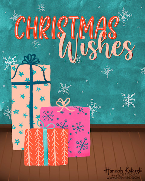 Greeting card illustration featuring Vintage Christmas presents and hand lettering ' Christmas Wishes'.