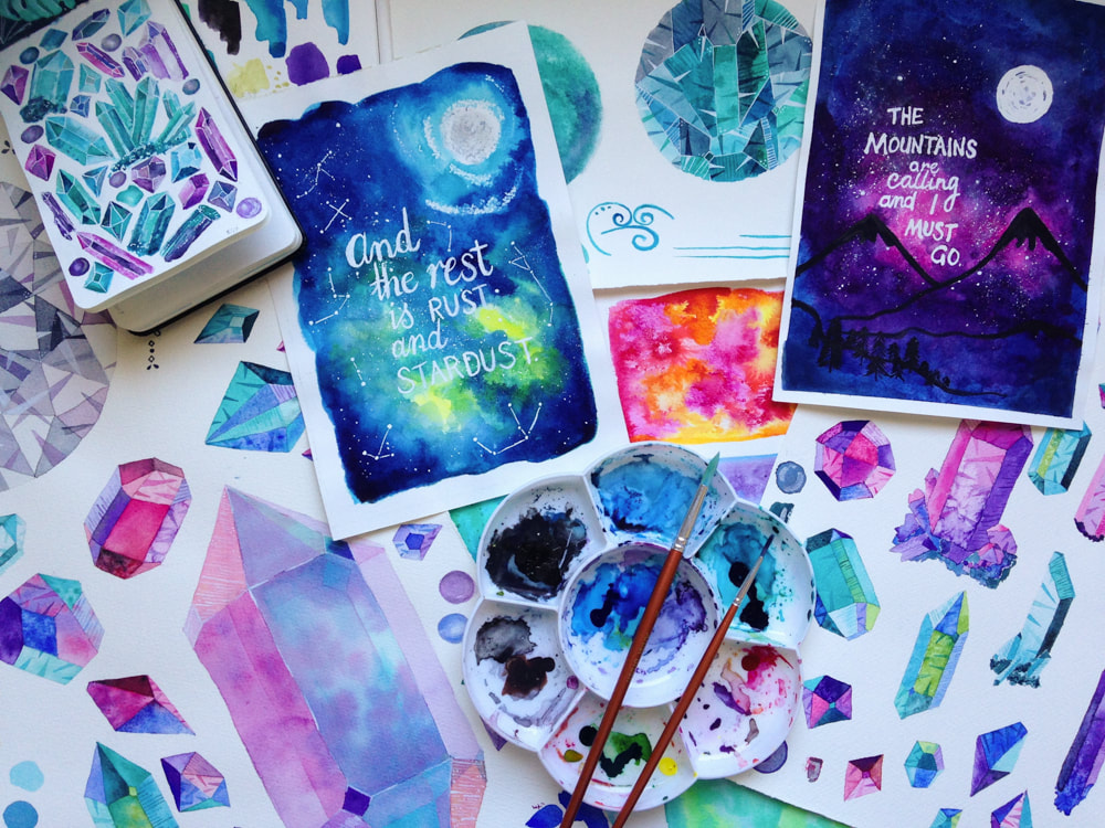 bright watercolour paintings of crystals gems and galaxies